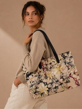 Floral Tote Bag Watercolor Print Everyday Shoulder Bag Work Travel Lightweight